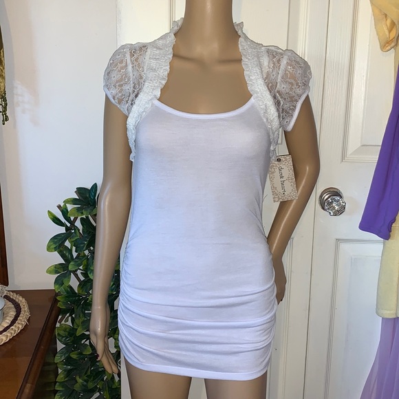 white  lace jacket bolero puff sleeve hourglass tunic tank top M NWT - Picture 7 of 9